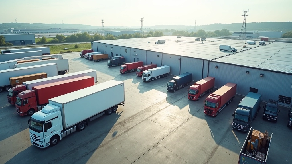 Luftaufnahme eines großen modernen Verteilzentrums mit Lastwagenreihen und logistischen Operationen