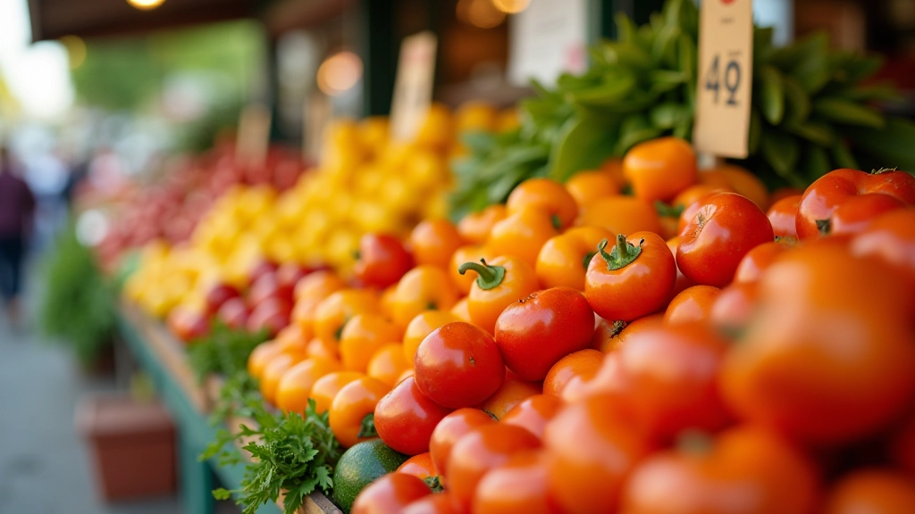 Nahaufnahme von Obst und Gemüse auf einem Marktstand mit Preisschildern