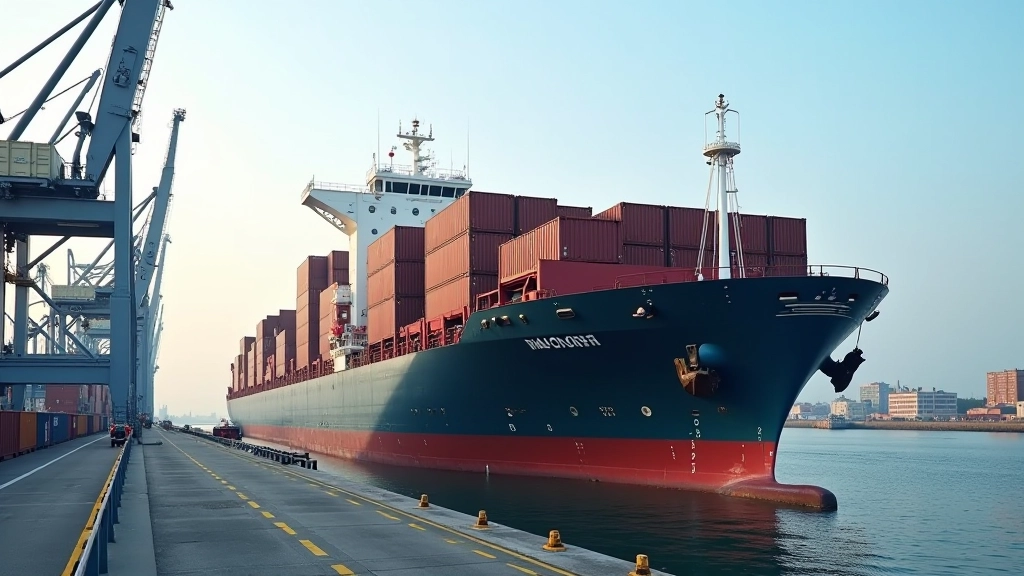 Großes Containerschiff beim Be- und Entladen in modernem Containerhafen mit Kränen