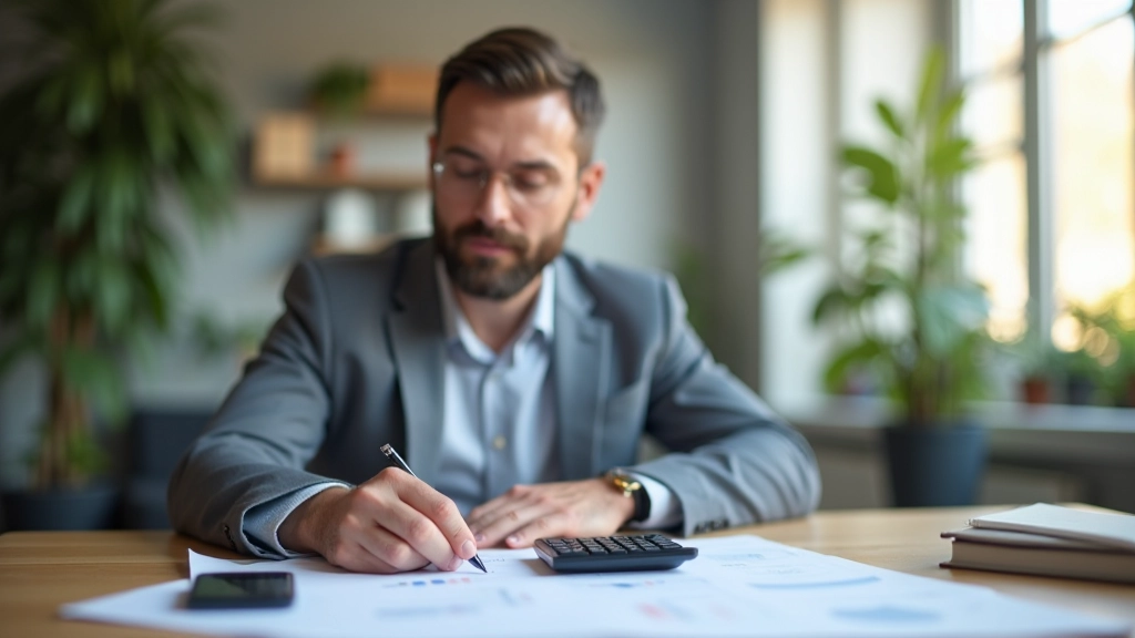 Person sitzt am Schreibtisch und erstellt Budgetplan mit Papier, Stift und Taschenrechner, modernes Heimbüro