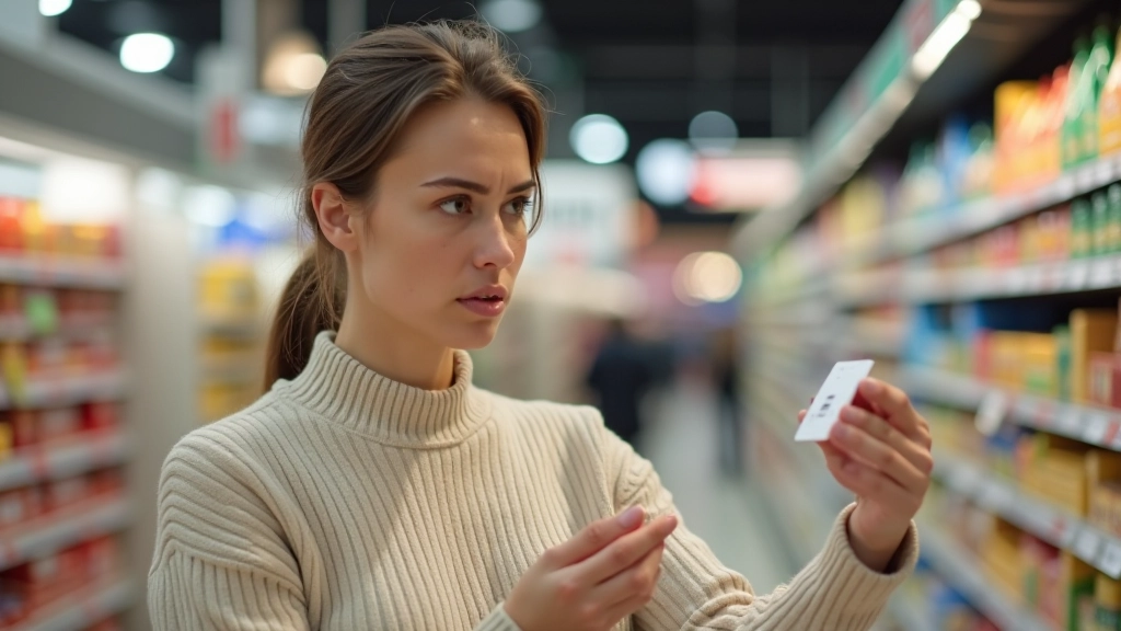 Frau schaut skeptisch auf Preisschild im Supermarkt, Fokus auf Gesichtsausdruck