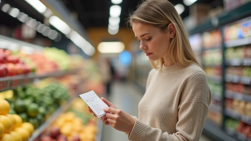 Frau schaut auf Kassenbon im Supermarkt mit konzentriertem Gesichtsausdruck